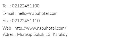 Nabu Hotel telefon numaralar, faks, e-mail, posta adresi ve iletiim bilgileri